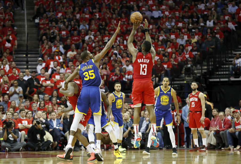 James Harden shooting over Kevin Durant