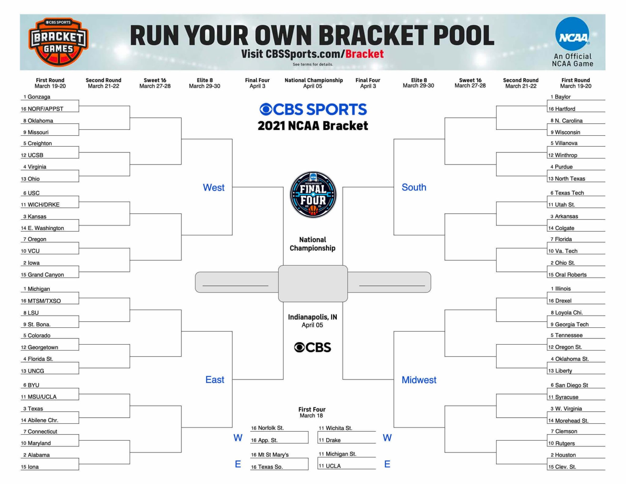 2021 NCAA Basketball March Madness Bracket West and South Region