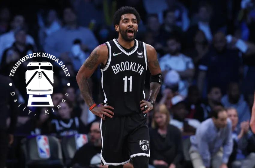 Apr 12, 2022; Brooklyn, New York, USA; Brooklyn Nets guard Kyrie Irving (11) yells up court to teammates during the second half against the Cleveland Cavaliers at Barclays Center. Mandatory Credit: Vincent Carchietta-USA TODAY Sports